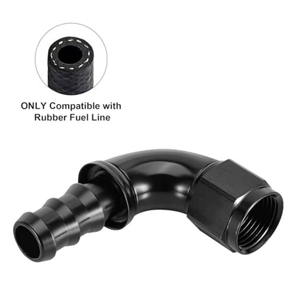 Black 90-degree hose end fitting compatible with rubber fuel line