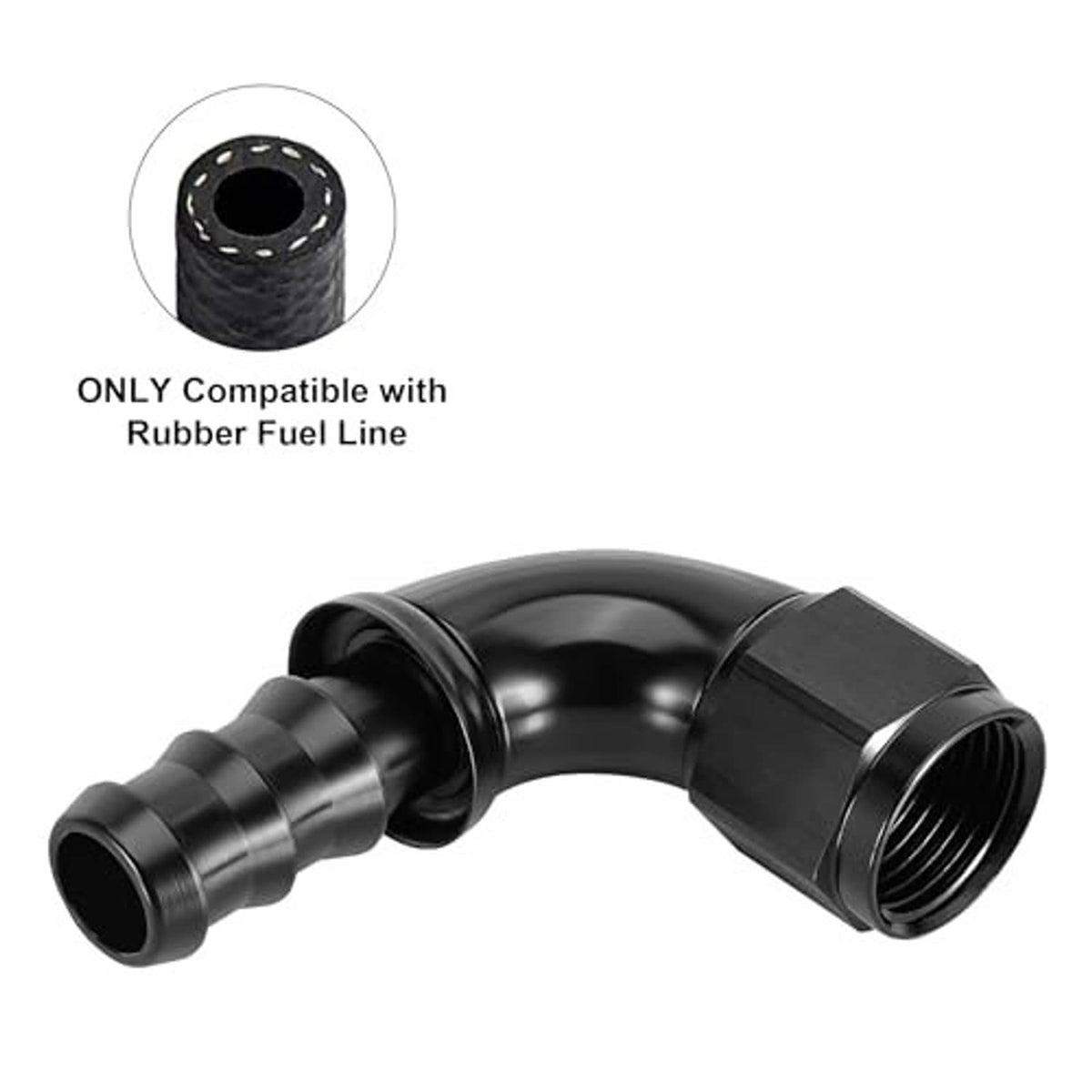 Black 90-degree hose end fitting compatible with rubber fuel line