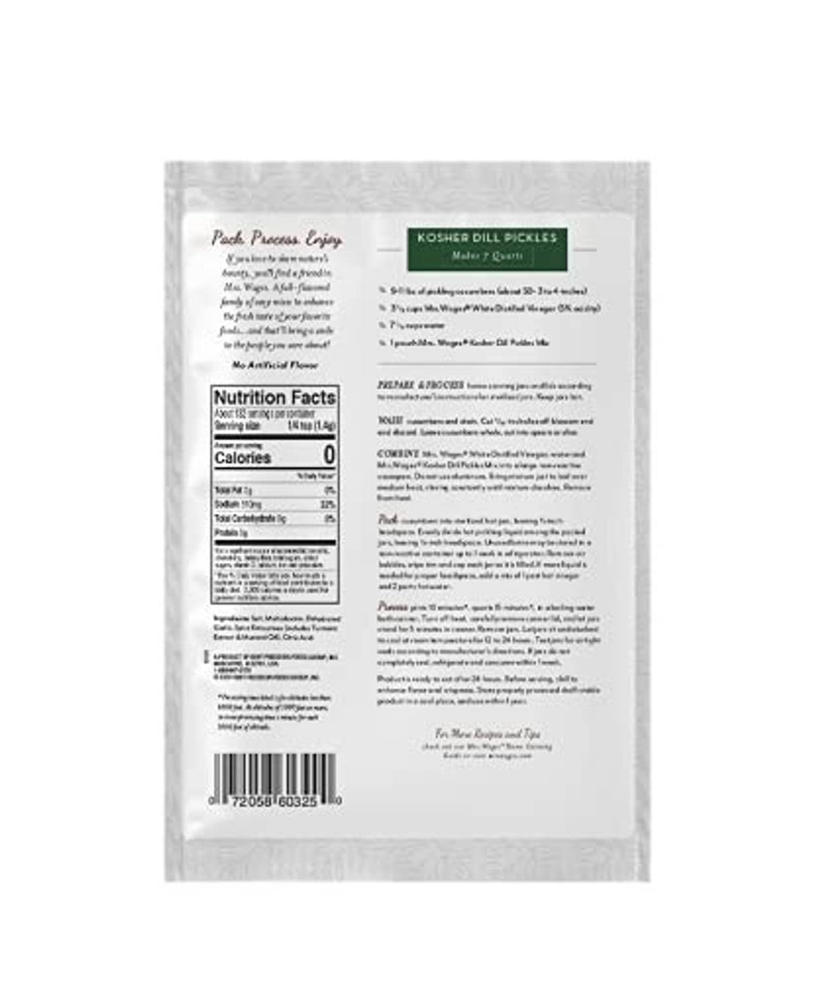Mrs. Wages kosher dill pickles mix packet, back label with directions and nutrition info