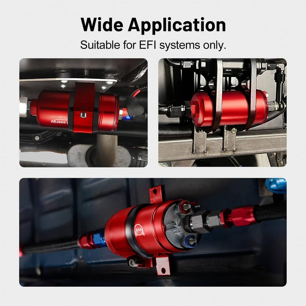 Red inline electric fuel pump installed in an engine bay with fuel hoses attached