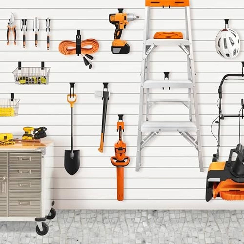 Slatwall hooks on garage wall, black curved hooks with mounted hardware