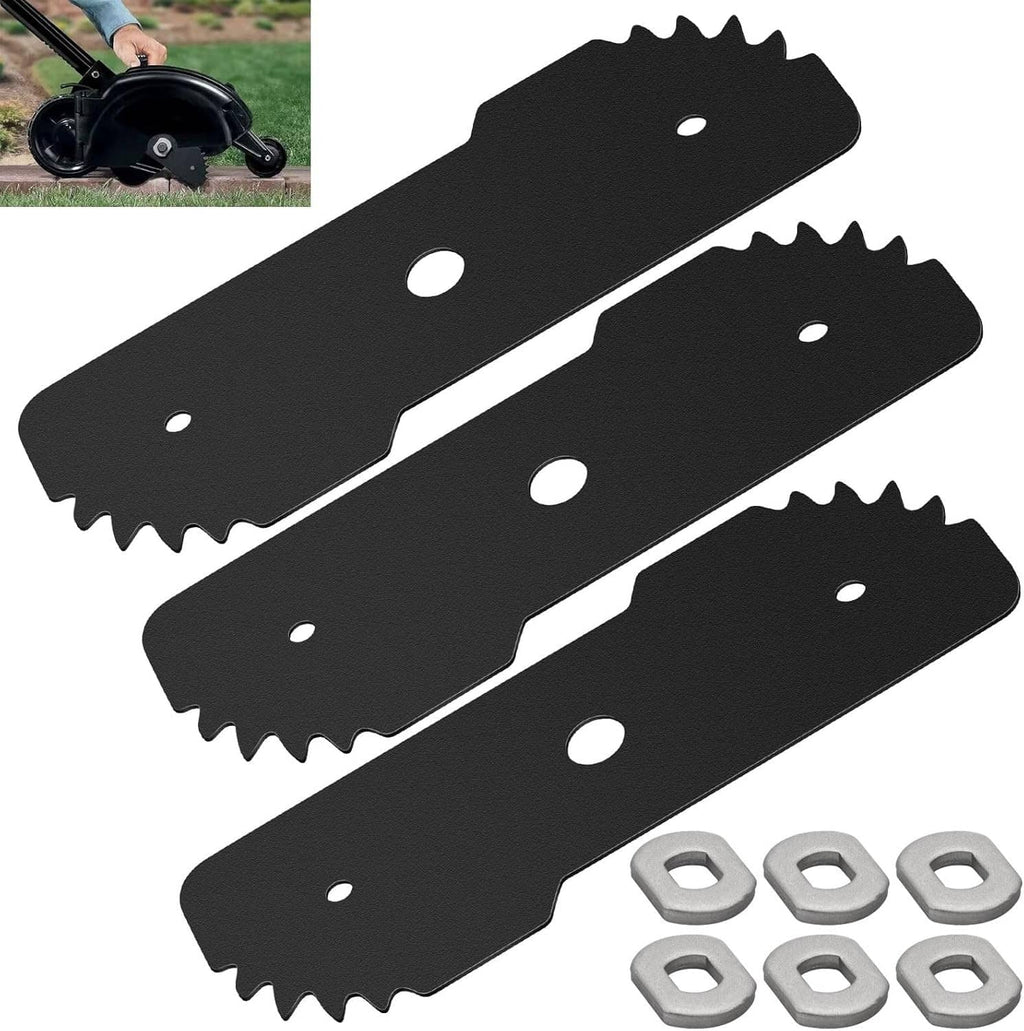 3-pack black replacement edger blades with mounting holes and serrated teeth, plus nuts