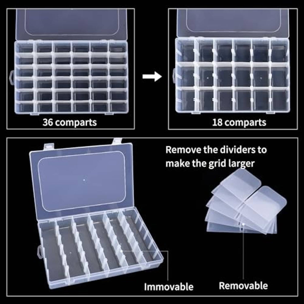 Transparent bead organizer tray with removable dividers to reconfigure the compartment grid.