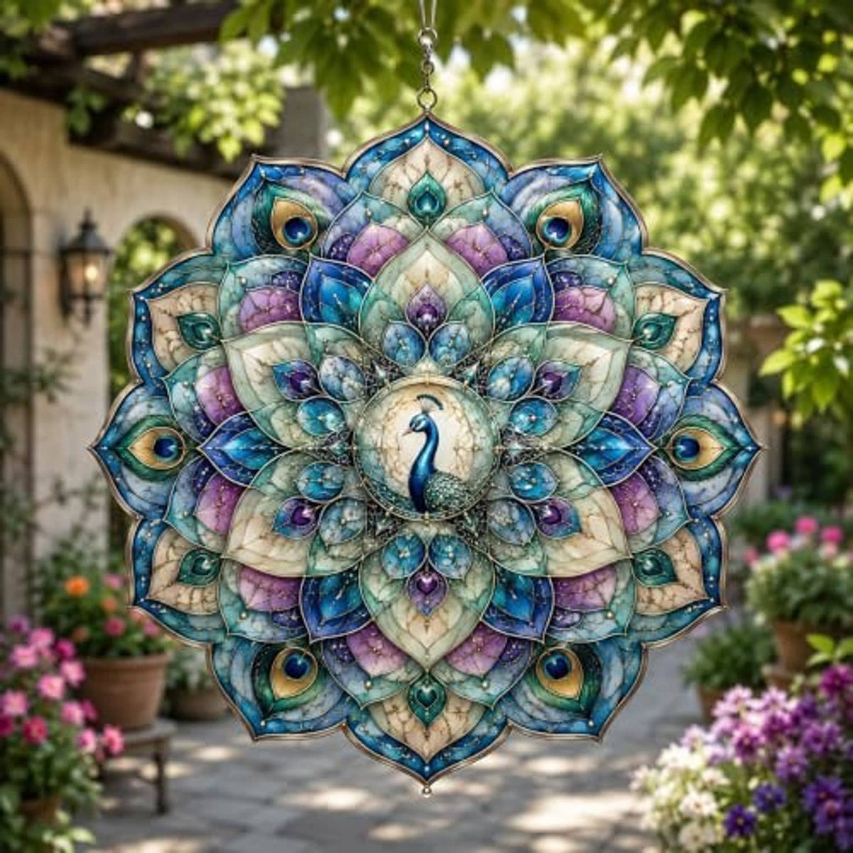 Front view peacock wind spinner with blue-purple layered feather fan and peacock emblem