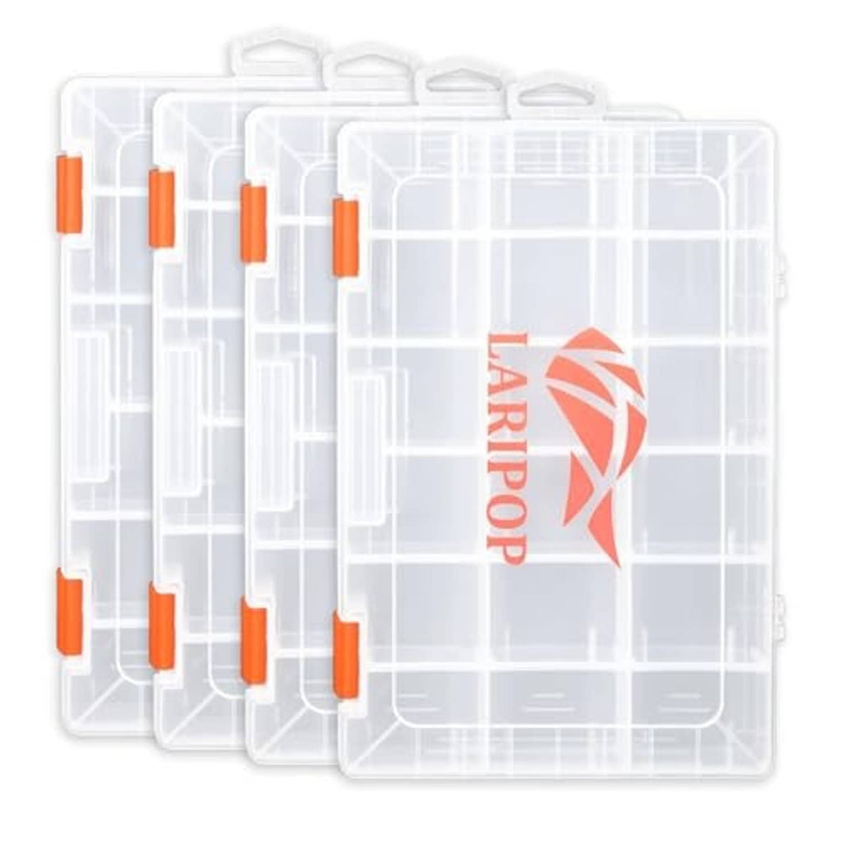 Front view of clear fishing tackle boxes (4-pack) with orange latches and grid compartments