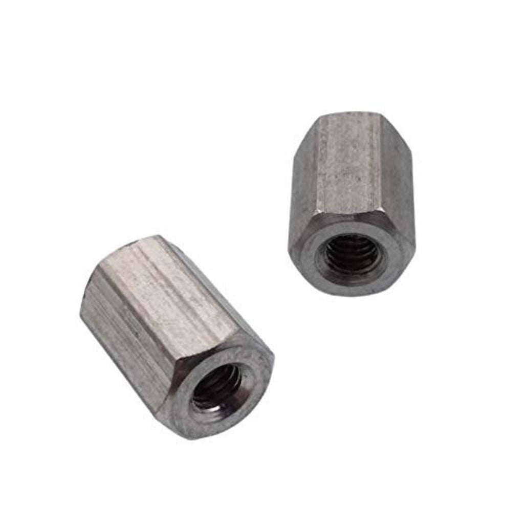 Stainless steel hex coupling nut connectors with visible threaded hole, pair view