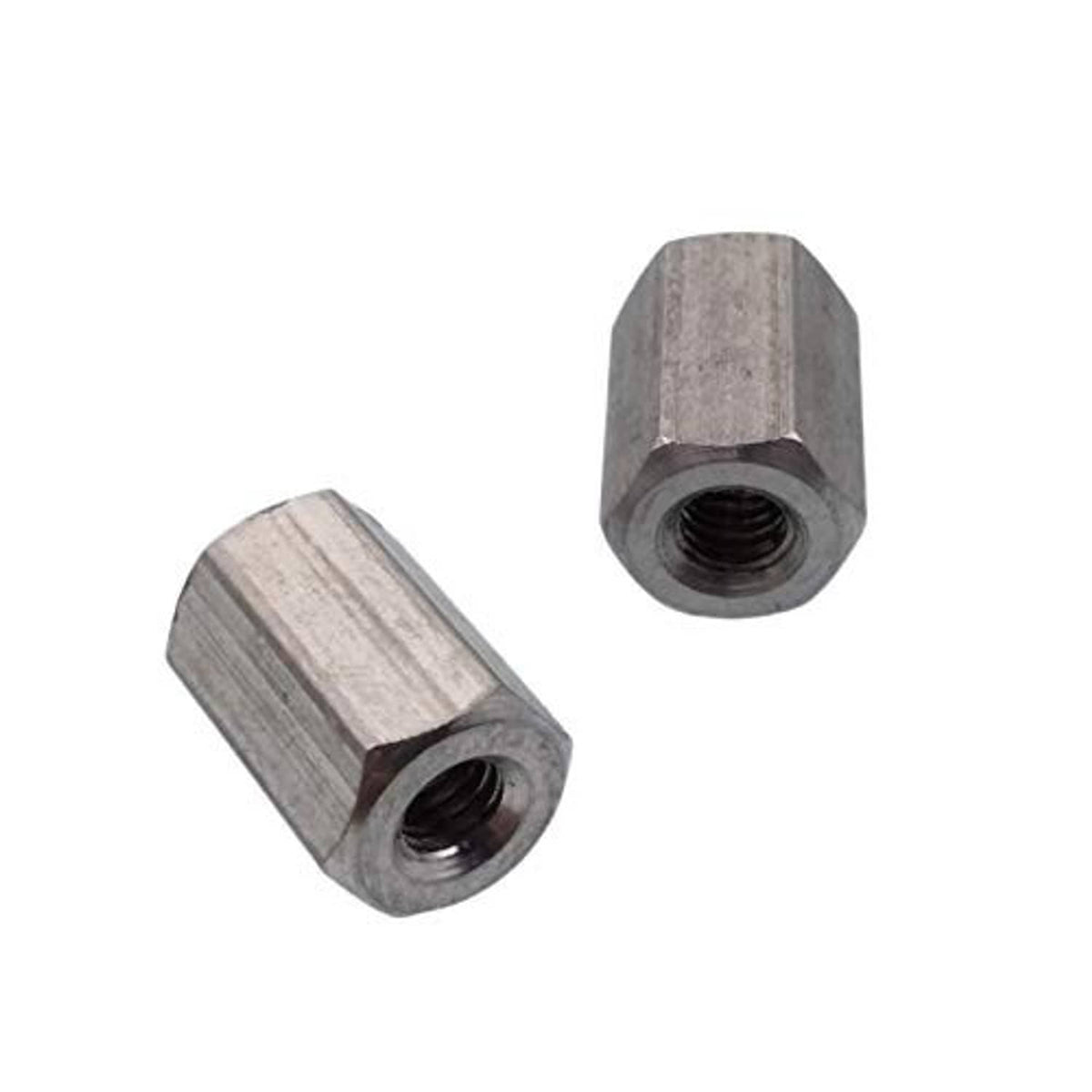 Stainless steel hex coupling nut connectors with visible threaded hole, pair view