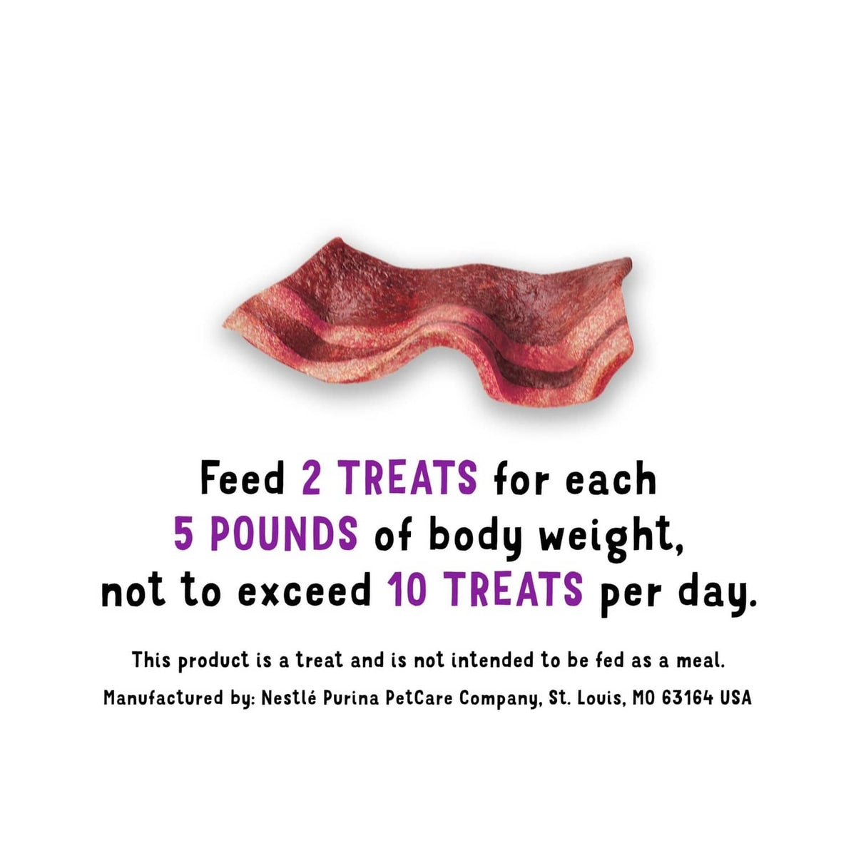 Dog treat feeding directions panel with bacon strip illustration
