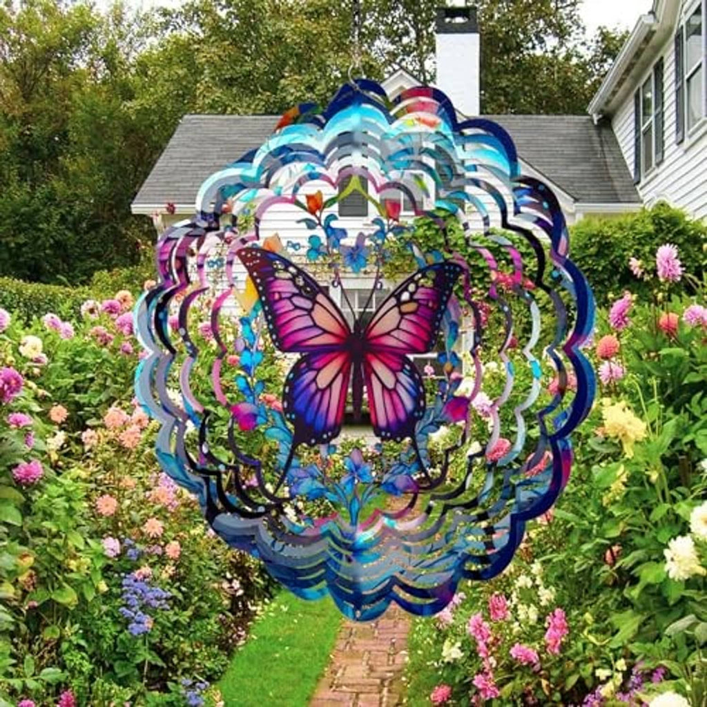 Butterfly outdoor wind spinner hanging in garden, blue scalloped layers with purple butterfly