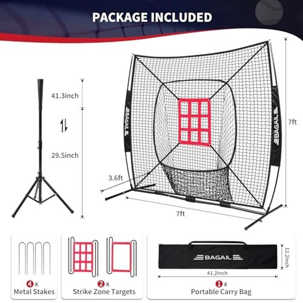 Baseball training net kit with metal stakes, strike targets, and portable carry bag