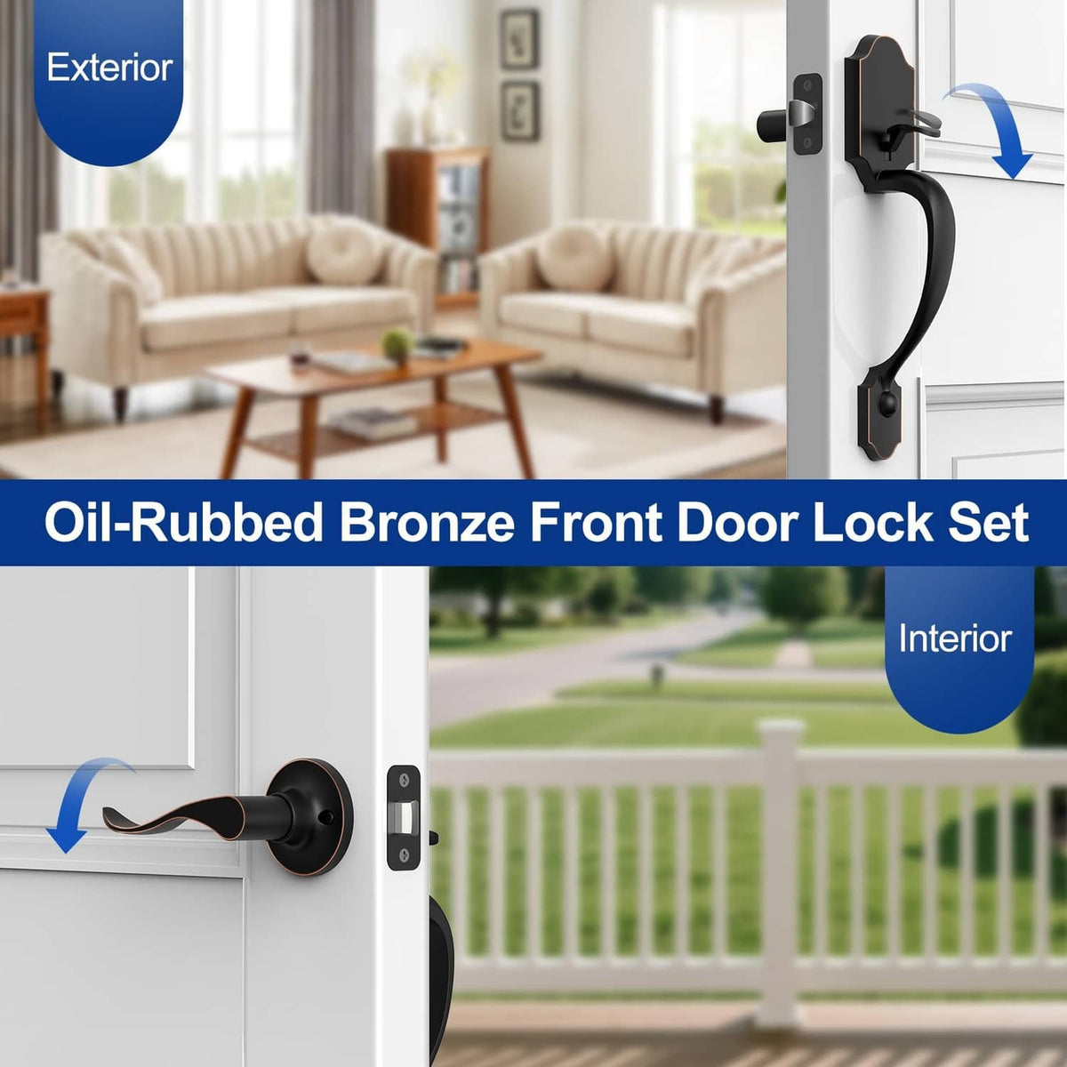 Oil-rubbed bronze front door lock set without lock, curved handle and matching plates