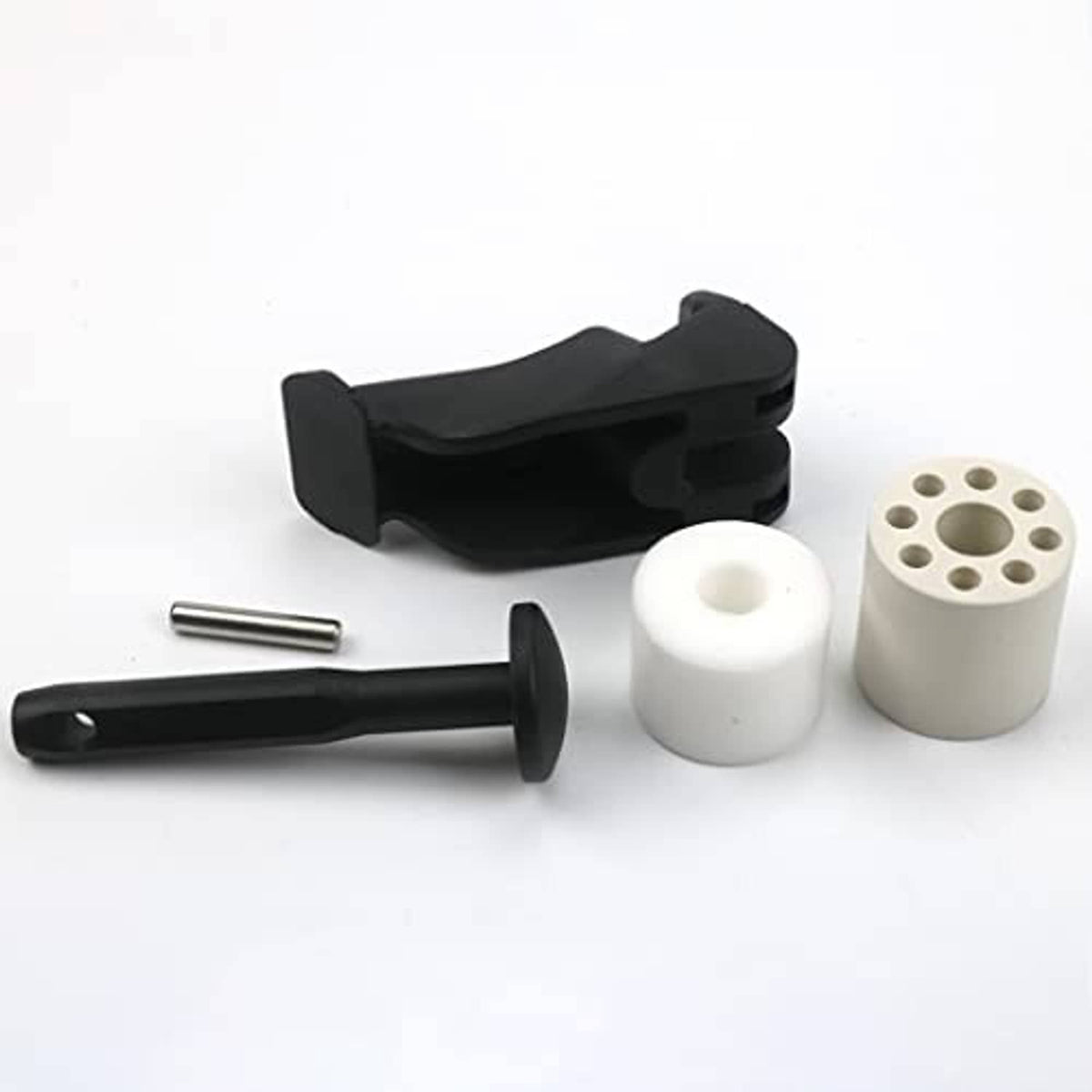 Front storage rack latch hardware set: black latch, white spacers, metal pin