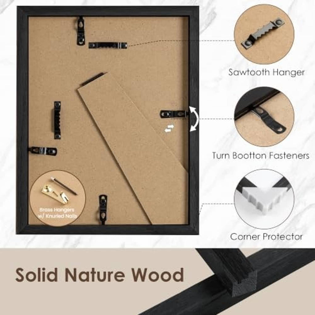 6x10 black picture frame back view with hanging hardware and corner protectors.