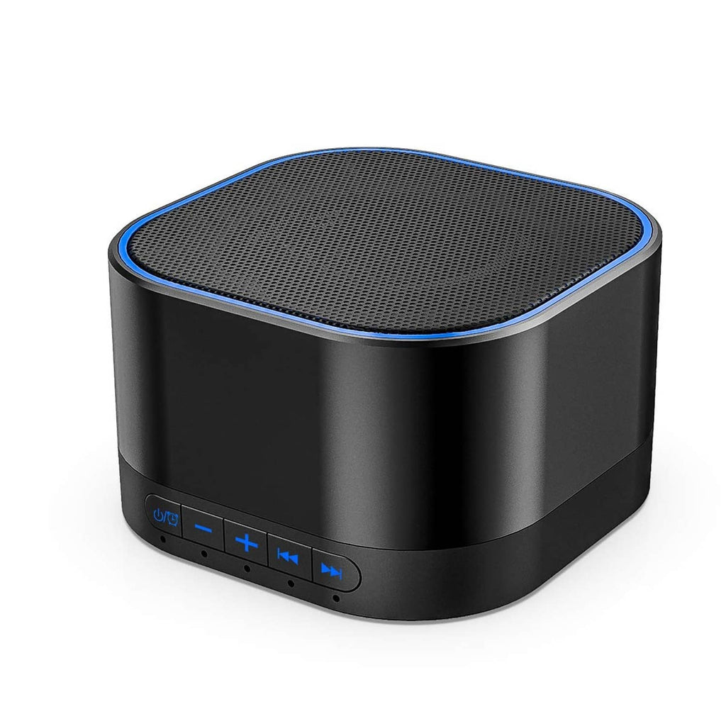 Portable white noise sound machine, black cylinder with blue-lit edge and speaker grille