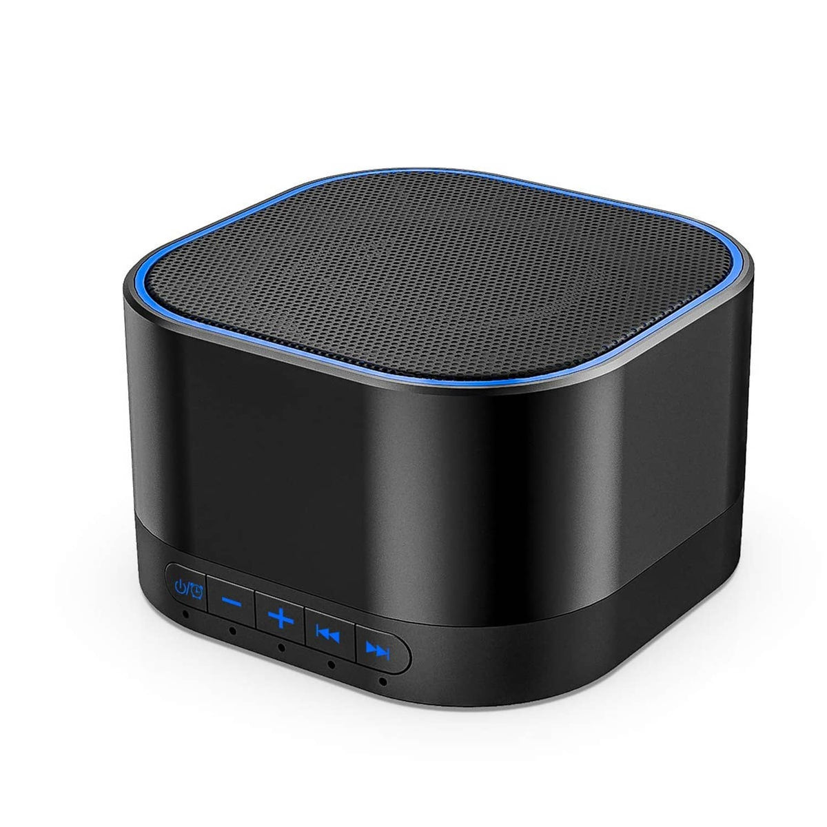 Portable white noise sound machine, black cylinder with blue-lit edge and speaker grille