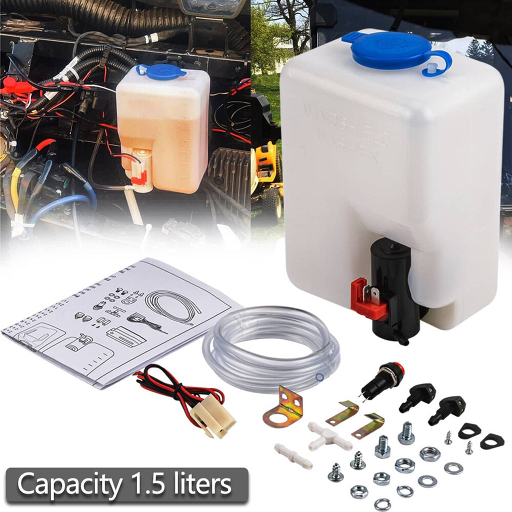 White 12V windshield washer reservoir tank with blue cap and pump outlet
