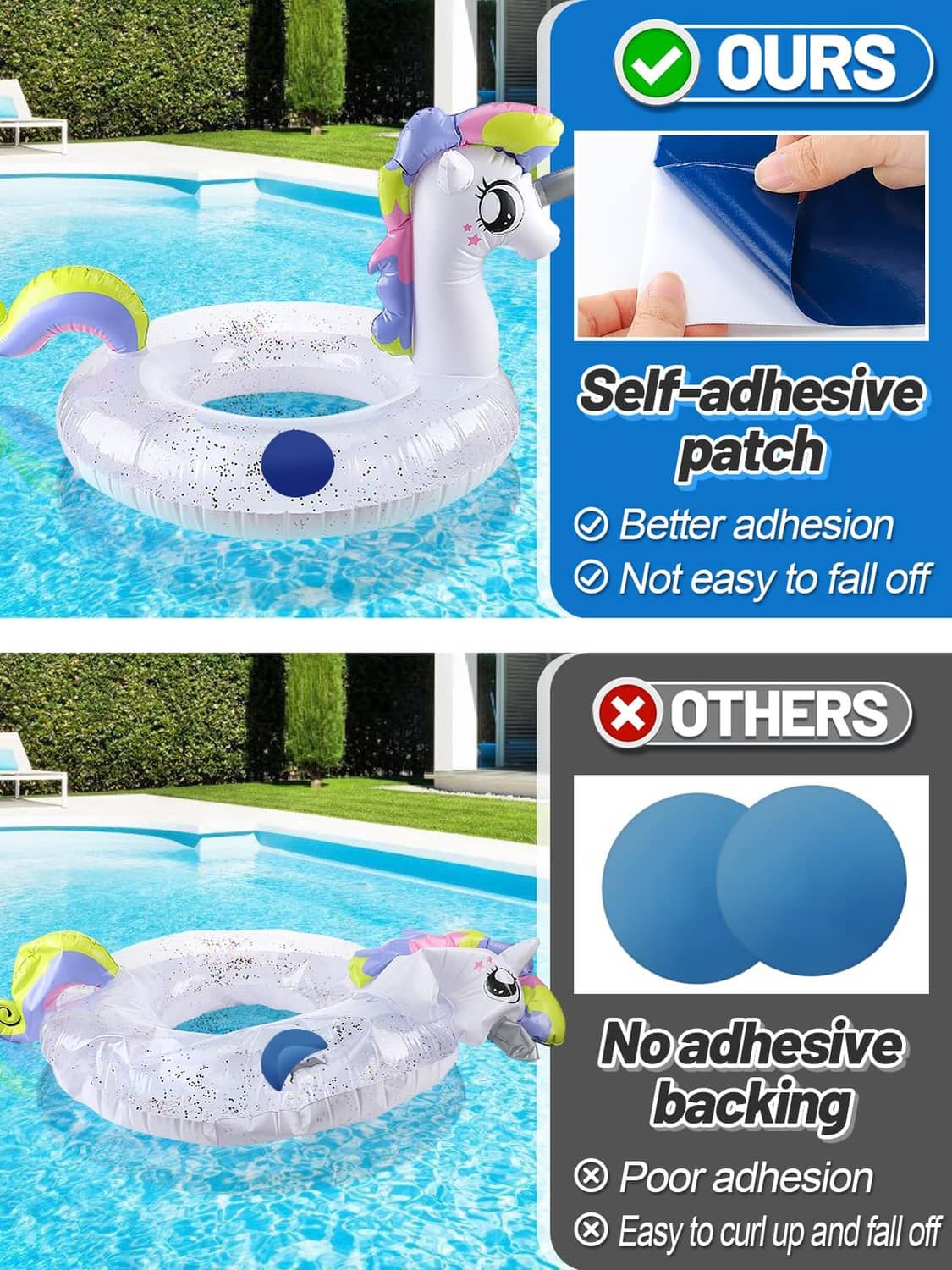 Self-adhesive dark blue pool liner repair patch held in a hand, backing visible