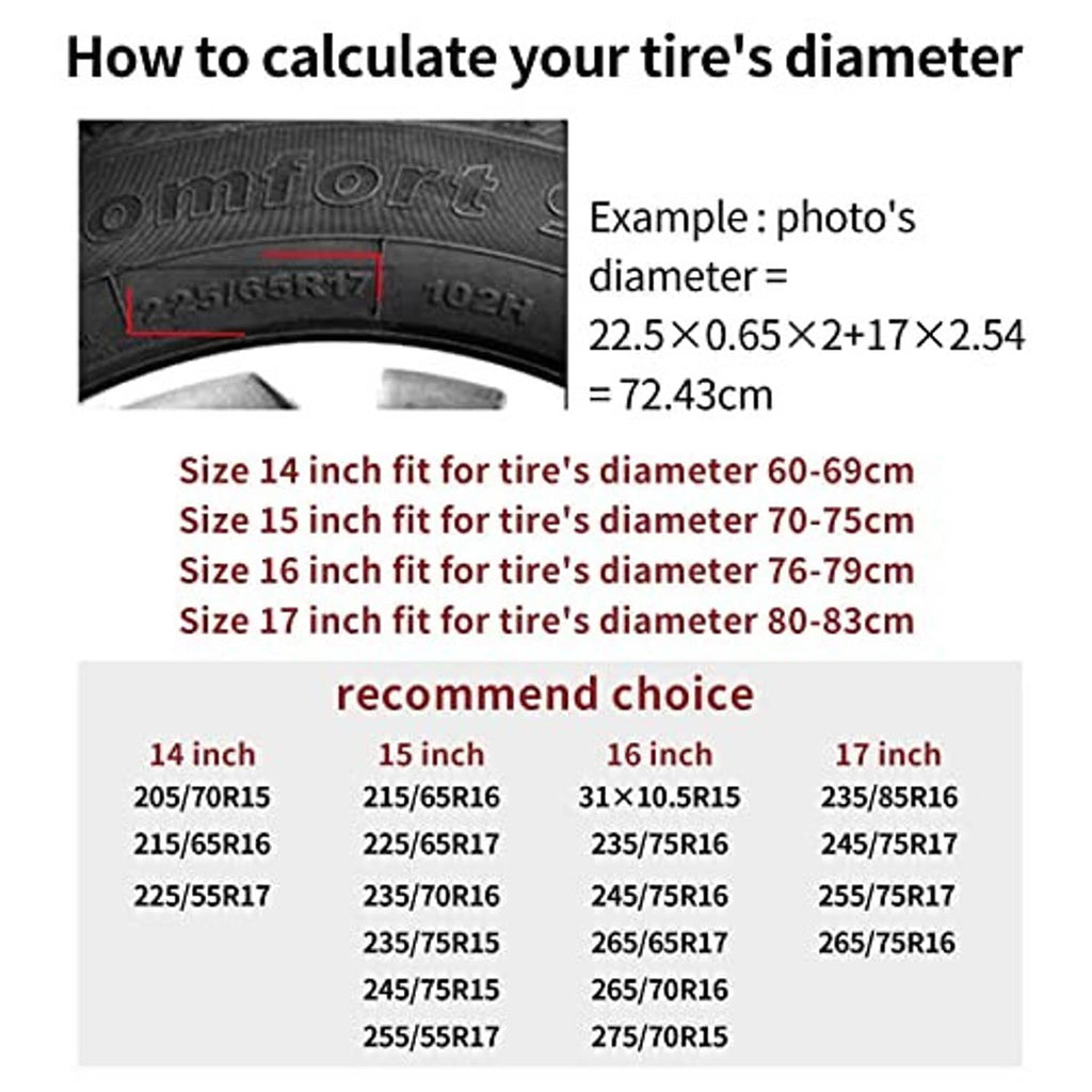Spare tire cover sizing chart showing 14–17 inch tire diameter fit ranges