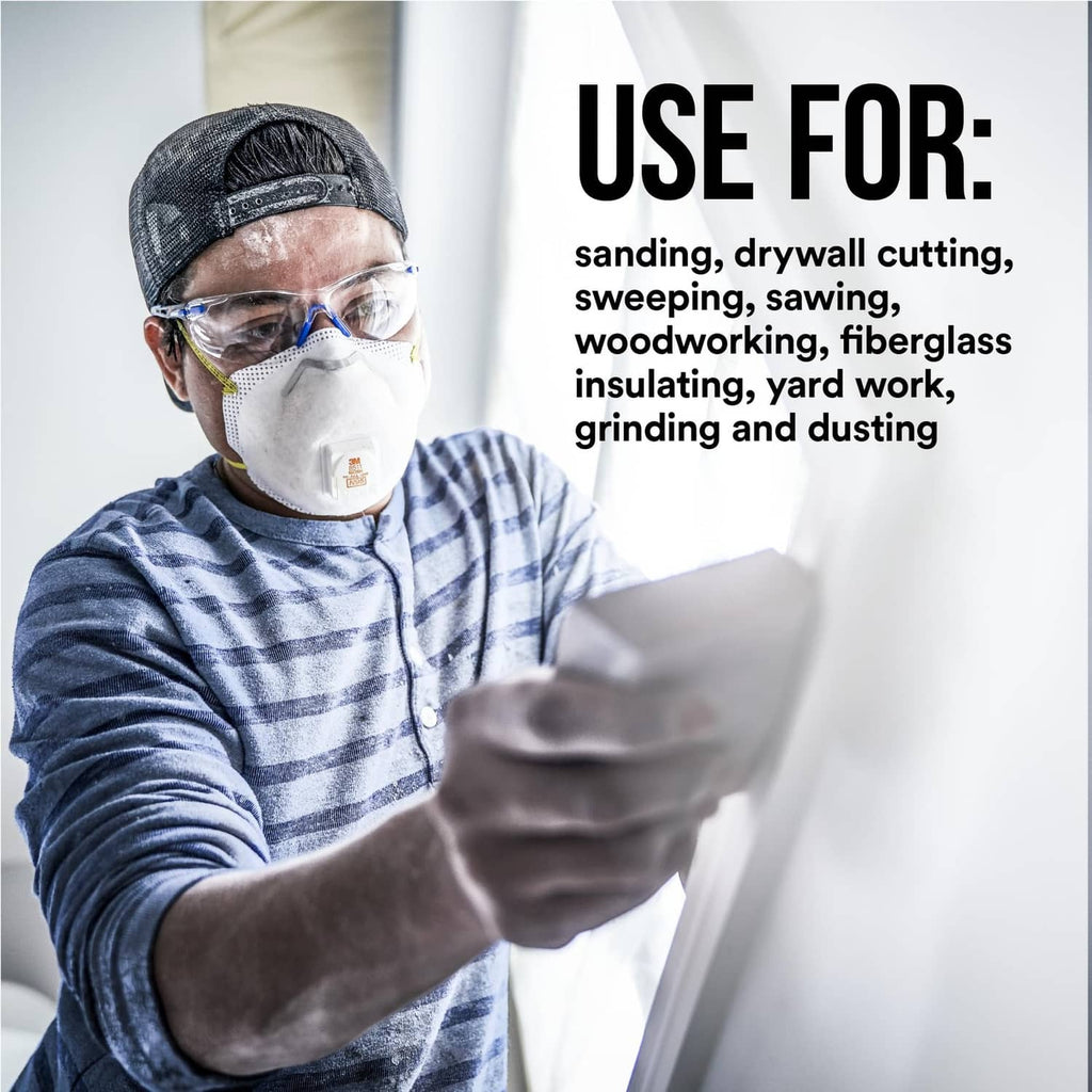 White 3M N95 respirator mask, worn by person, front and hand raised
