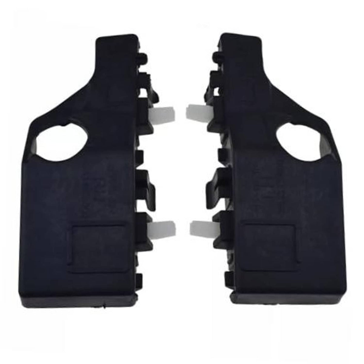 Pair of black front bumper retainer brackets, left and right, with mounting tabs