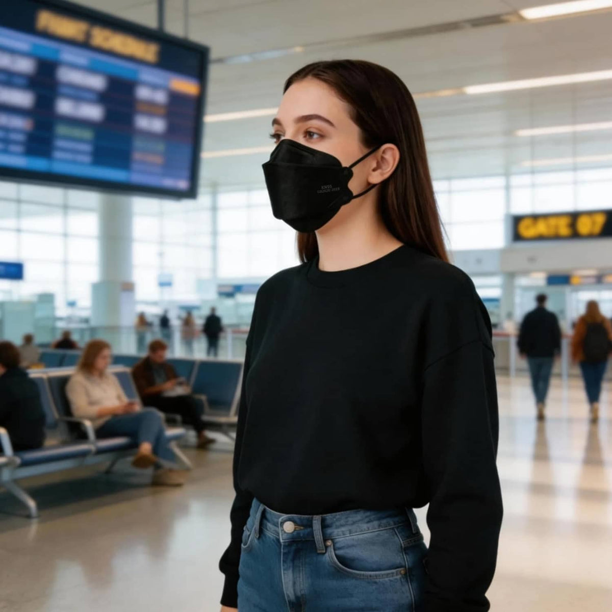 Black KN95 face mask with ear loops on a woman’s face