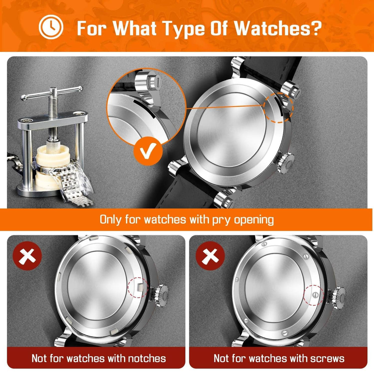 Watch back press tool set shown with molds for prying-open watch cases