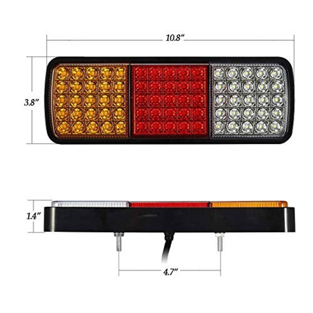 Black LED truck tail light bar set with amber, red, and white lens segments, with dimensions