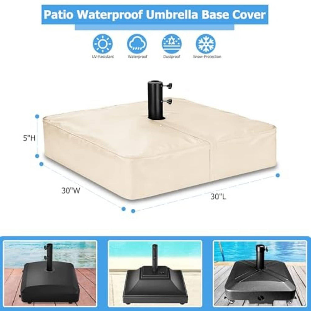 Beige umbrella base cover with black pole inserted, smooth box design and seams