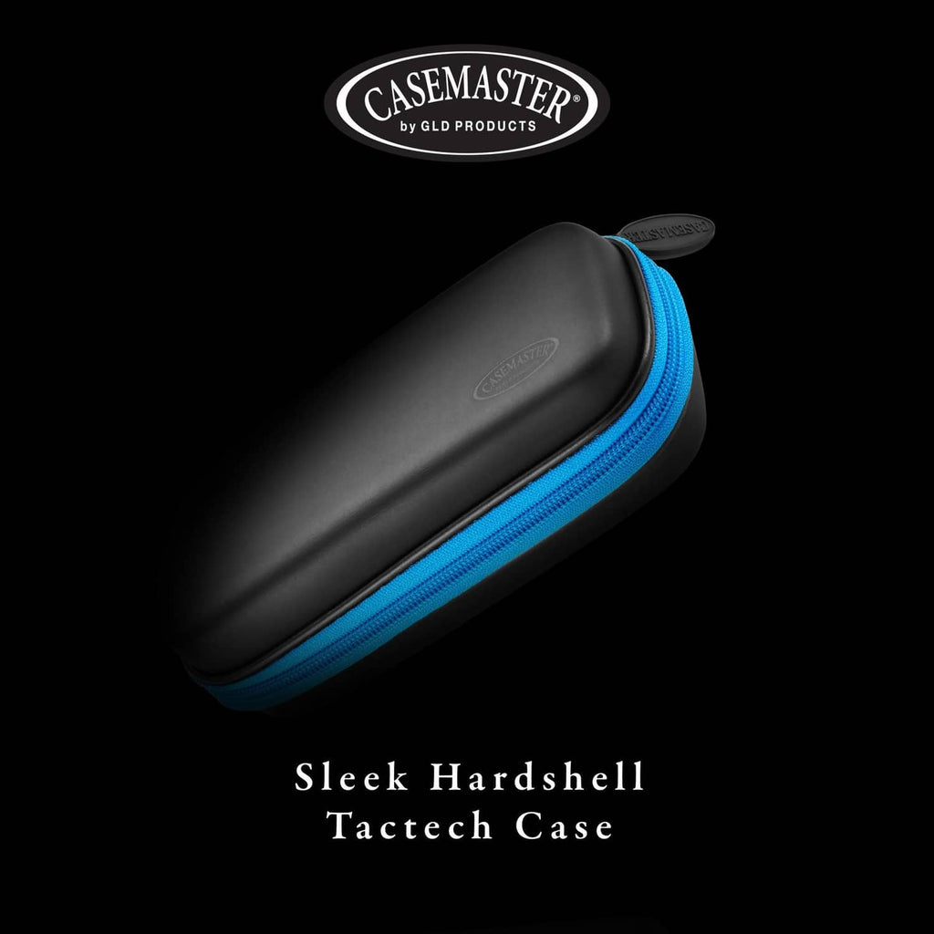 Black hard dart case with blue trim and rounded carry profile.