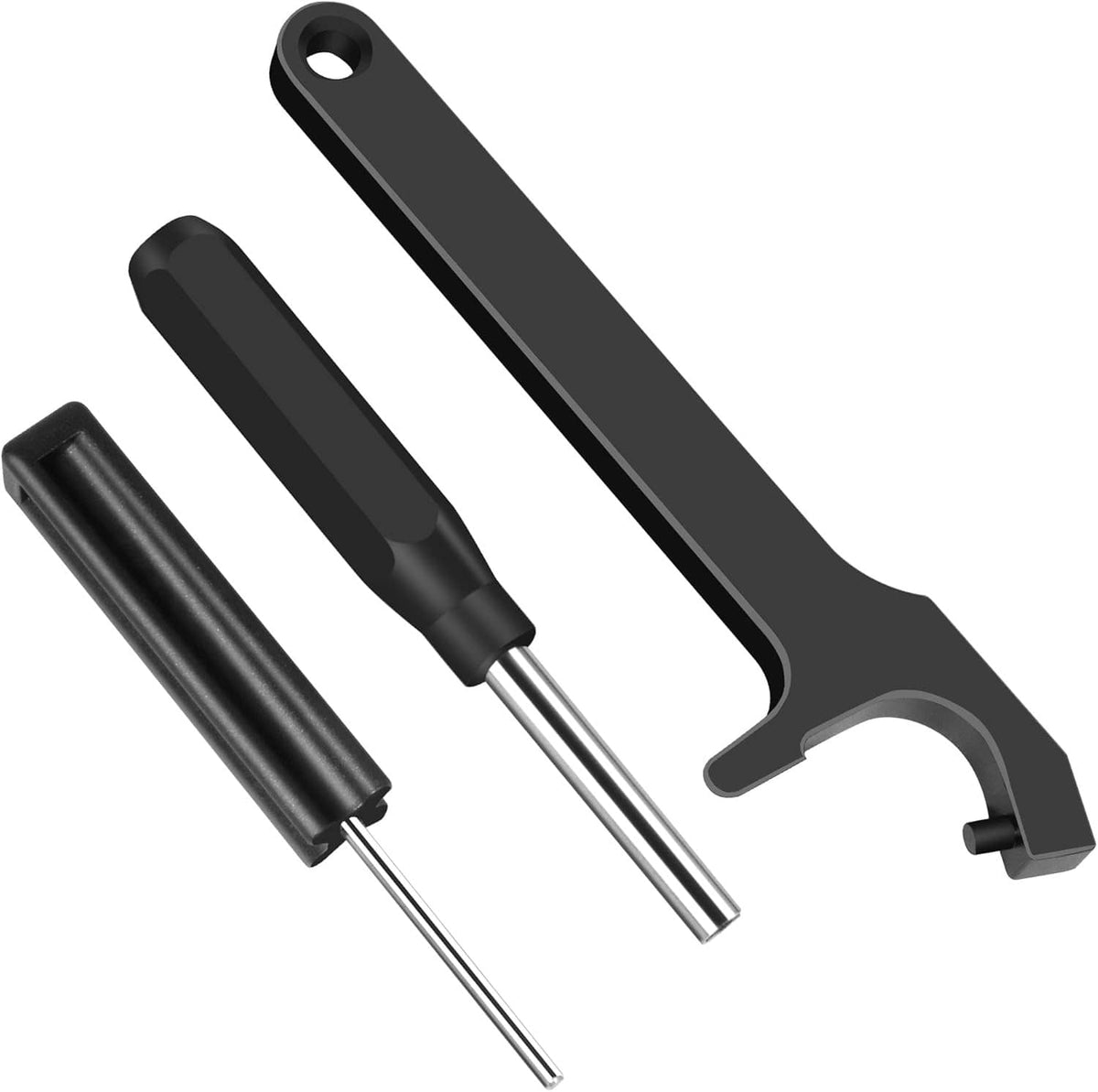 Black and silver pin tools set with two rubber handles and a U-shaped tool