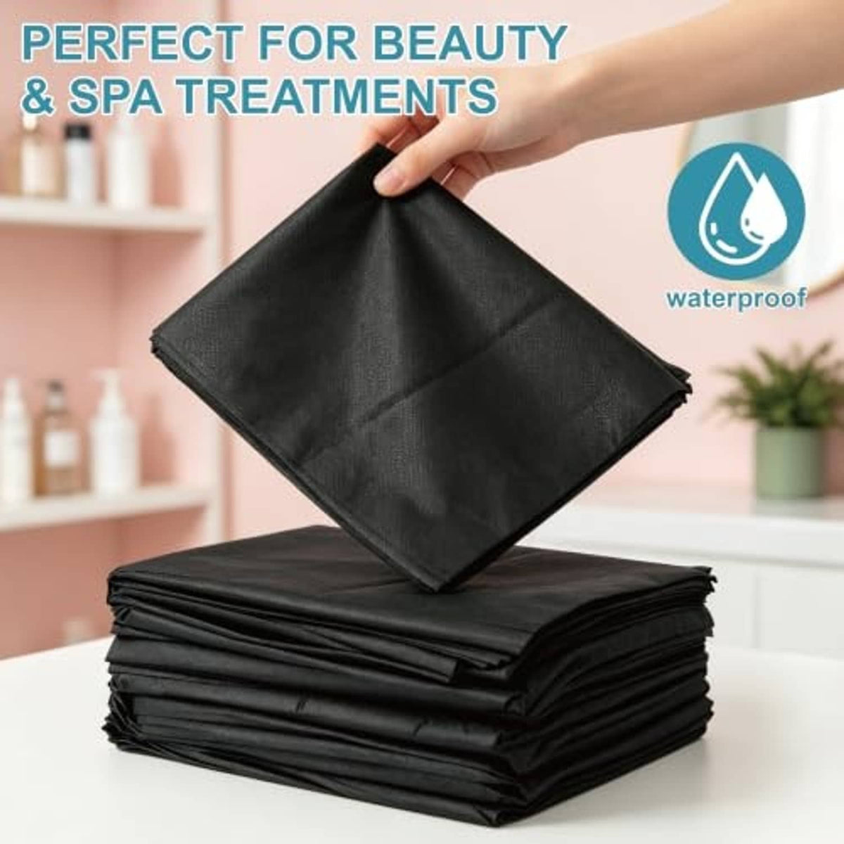 Black disposable bed sheets, non-woven, folded stack with top sheet lifted