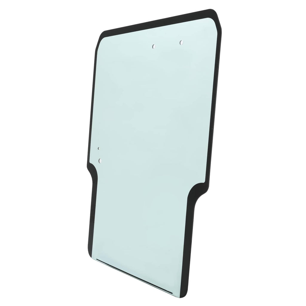 Front door window glass panel with black border and mounting holes, light blue tint