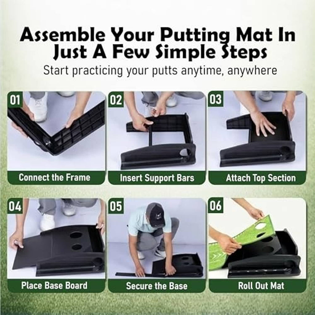 Putting mat set with track frame components and support bars for quick assembly