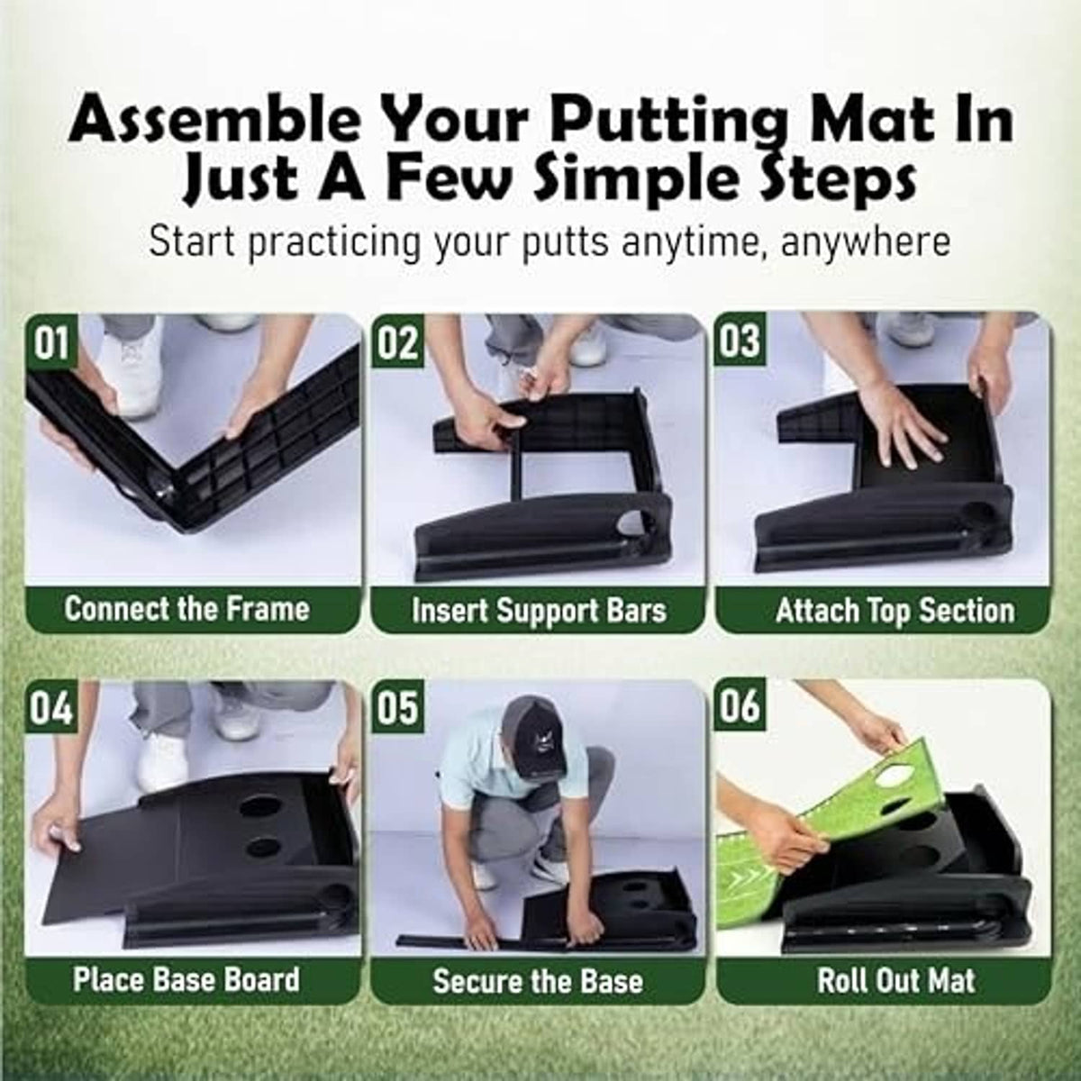 Putting mat set with track frame components and support bars for quick assembly