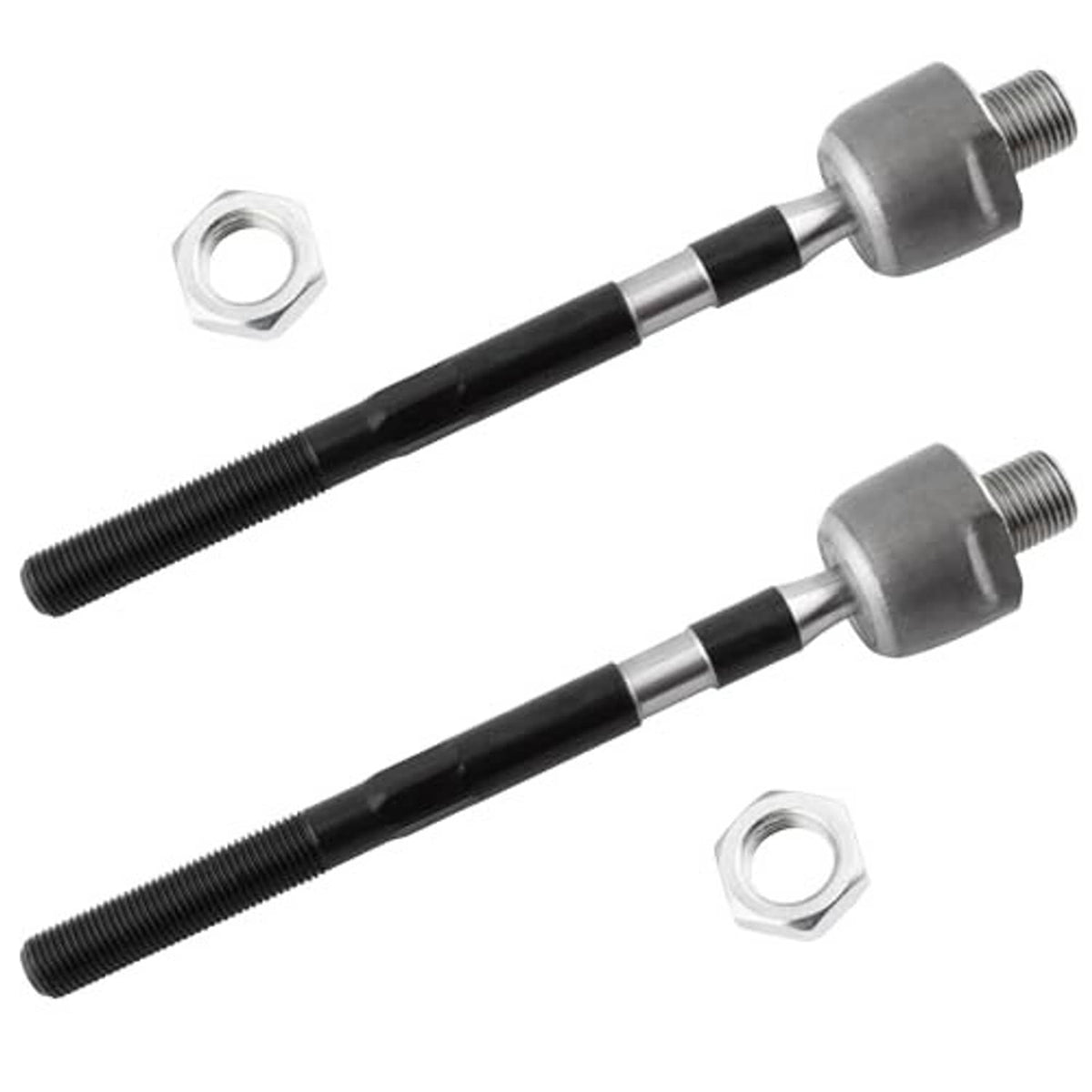 Metal tie rod end links with black rubber section and silver ball joints