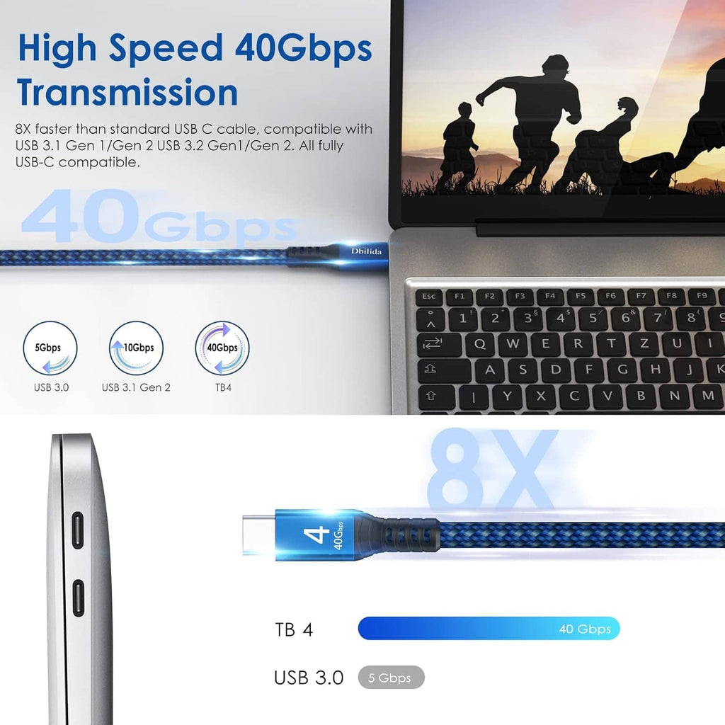 Thunderbolt 4 cable with high-speed 40Gbps transmission shown with cable and icons