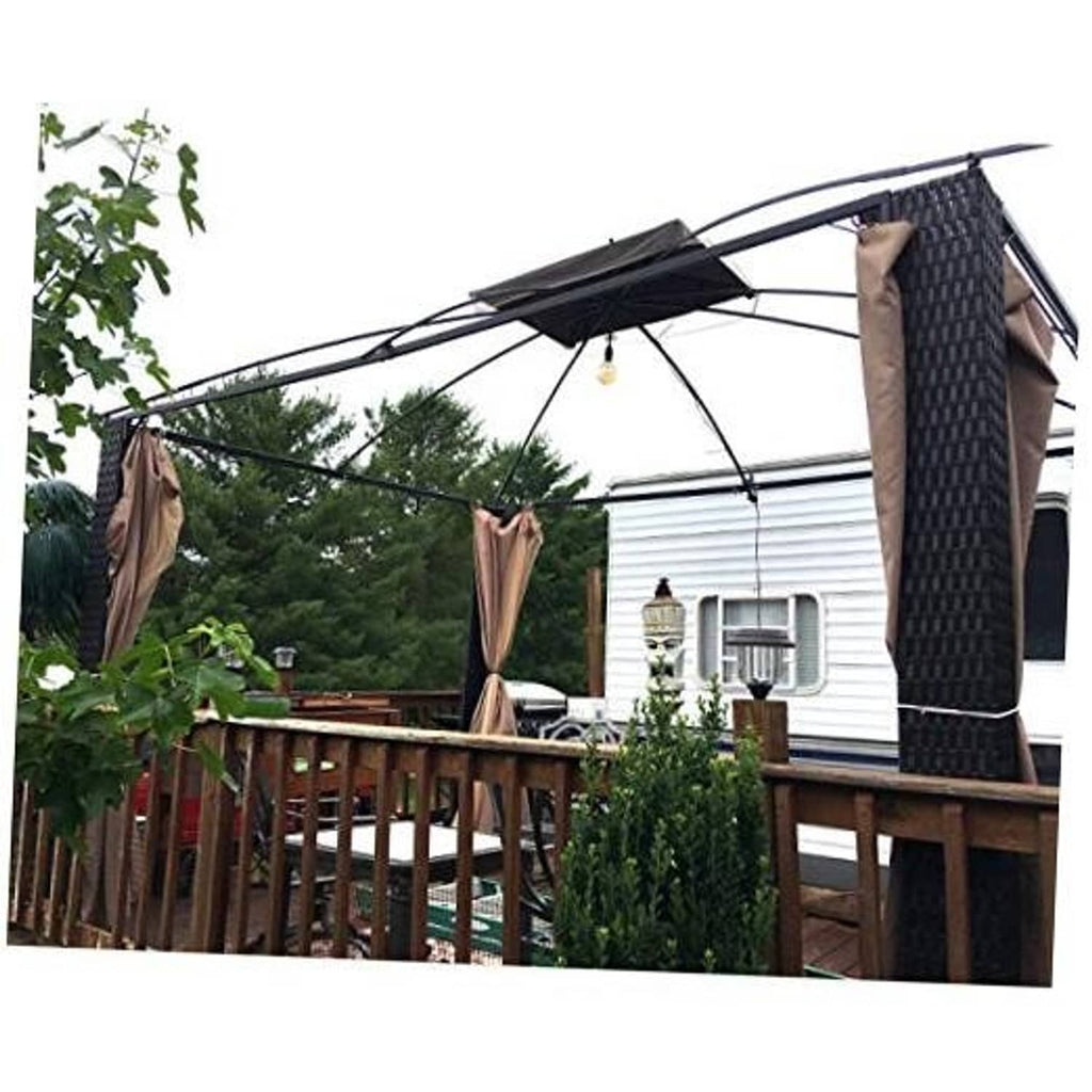 Black gazebo canopy top cover installed on curved frame over outdoor railing
