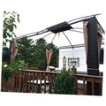 Black gazebo canopy top cover installed on curved frame over outdoor railing