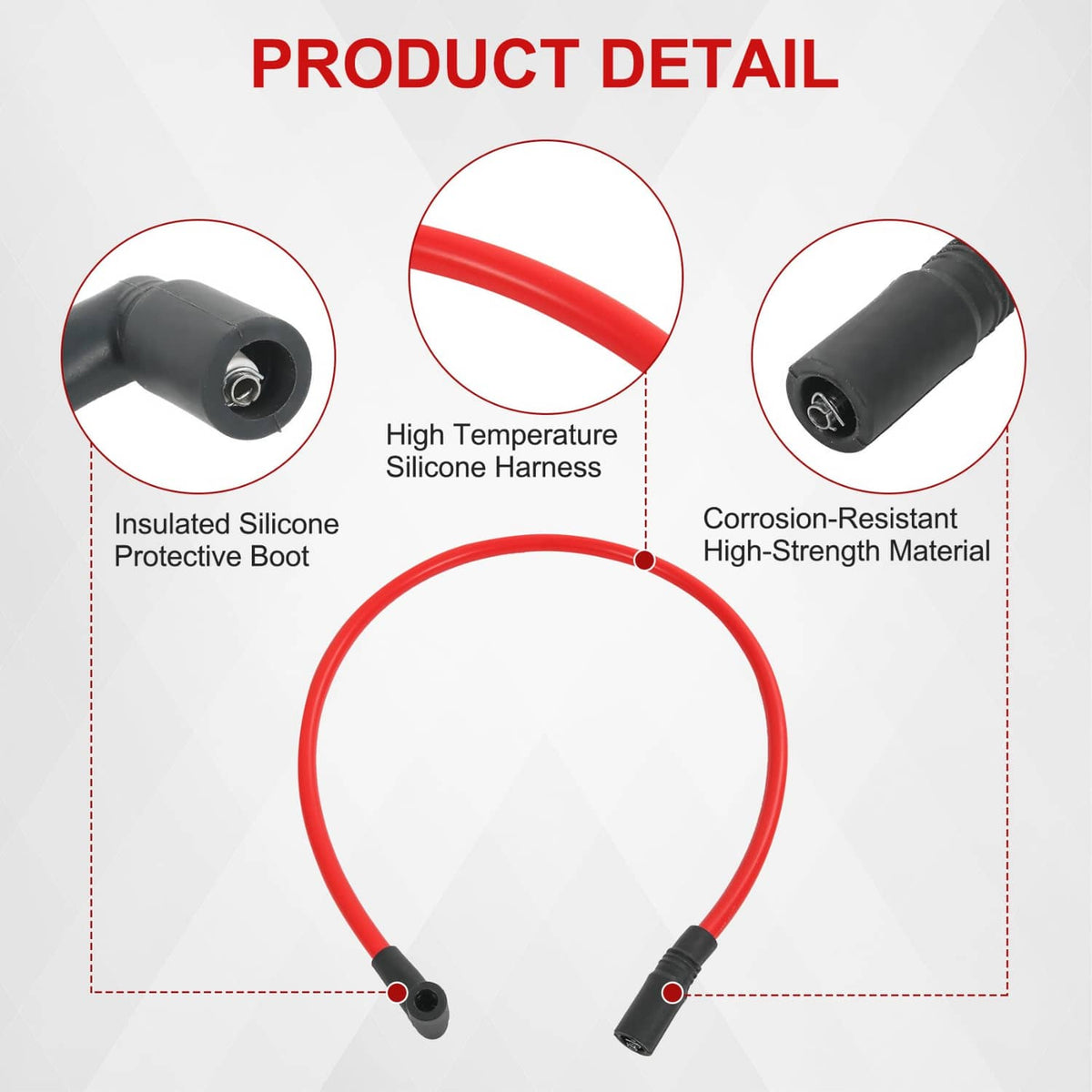 Red spark plug wire with black insulated boots, product detail view