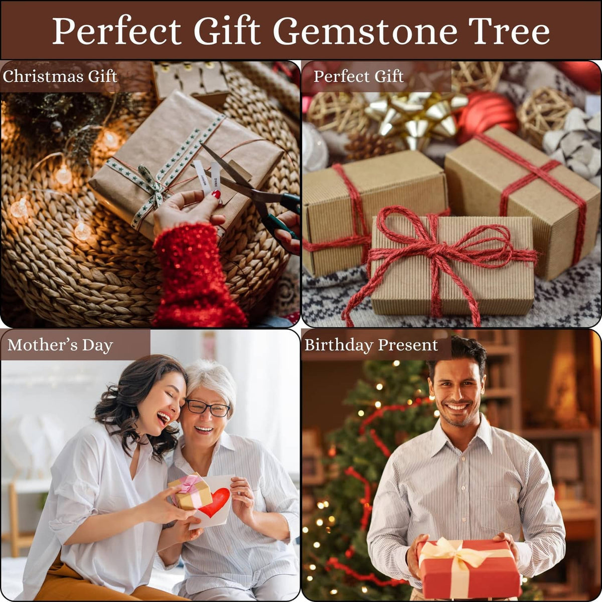 Gemstone tree gift collage with wrapped presents and red ribbon bows