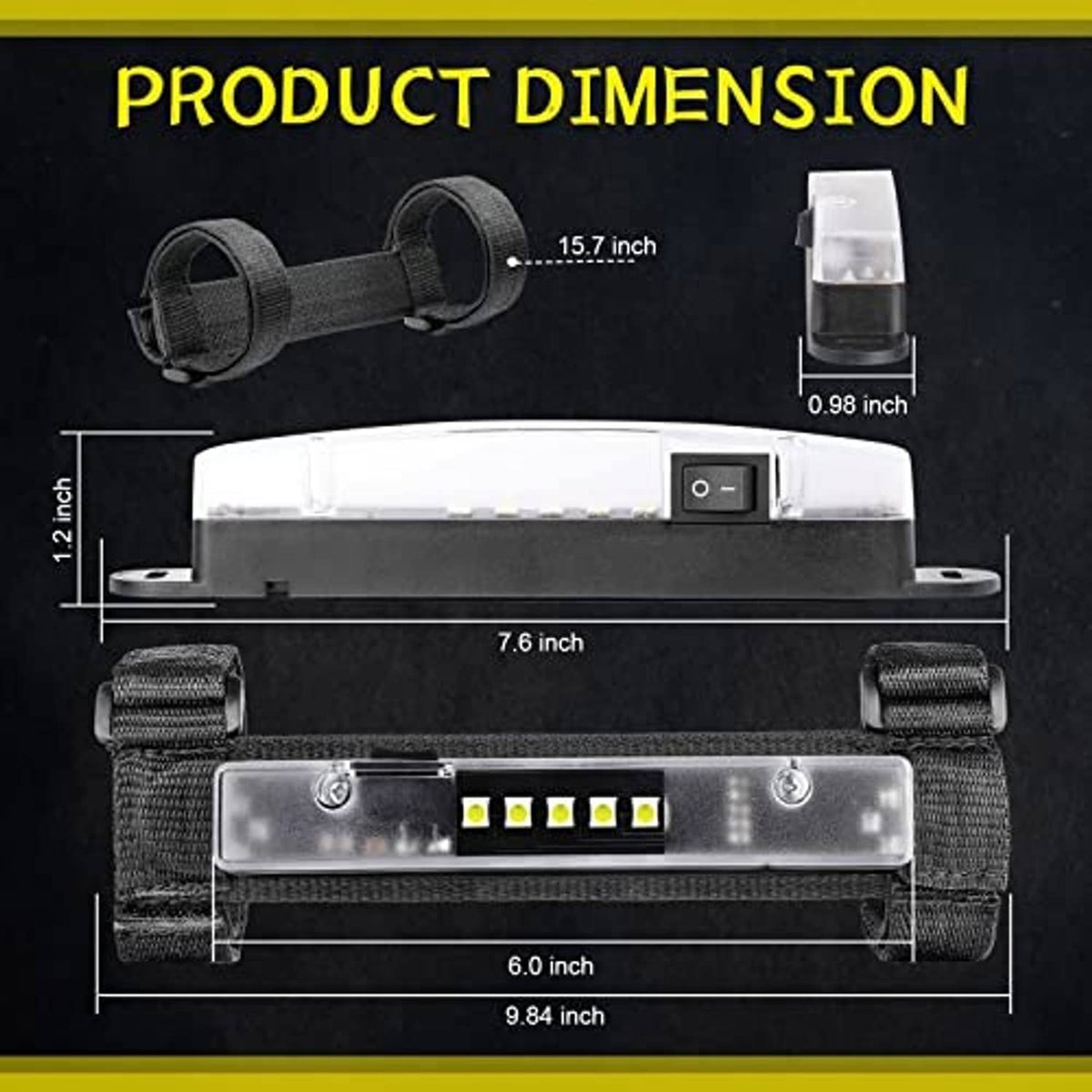 Universal roll bar LED interior light with mounting straps and measurement layout