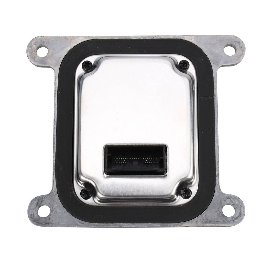 LED headlight control module with wiring connector and four corner mounting holes