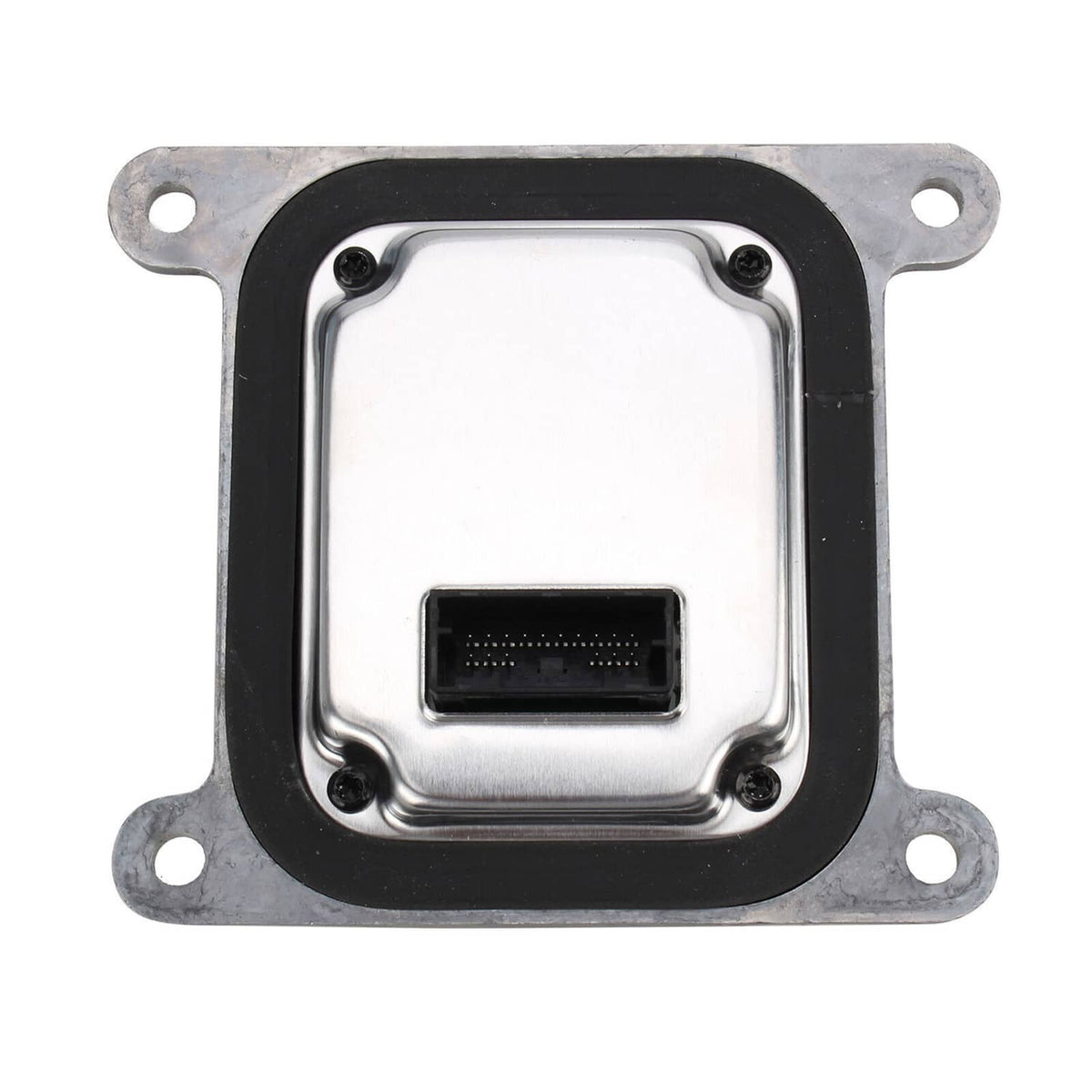 LED headlight control module with wiring connector and four corner mounting holes