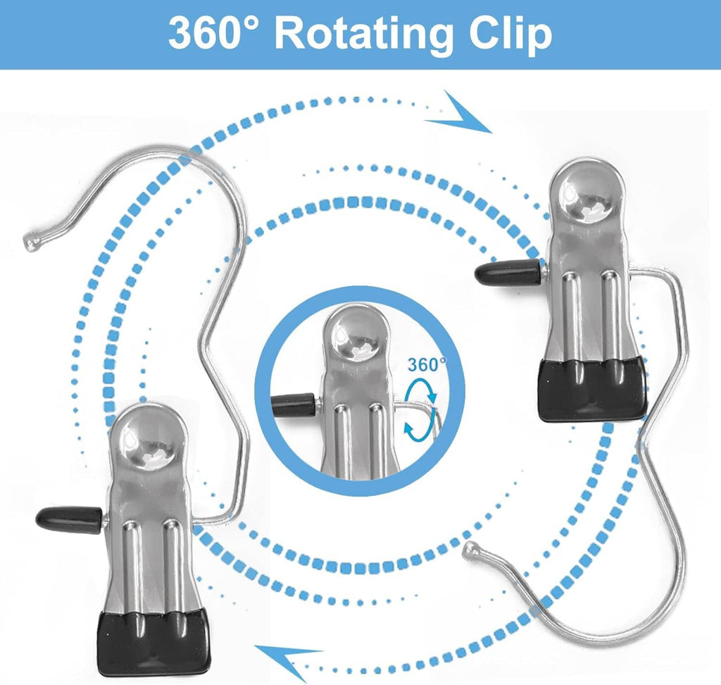 Metal boot hanger clips with 360° rotating hook and black latch, 12-pack set