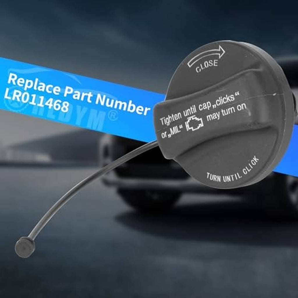 Black fuel tank filler cap with tethered handle and CLOSE/TURN UNTIL CLICK text