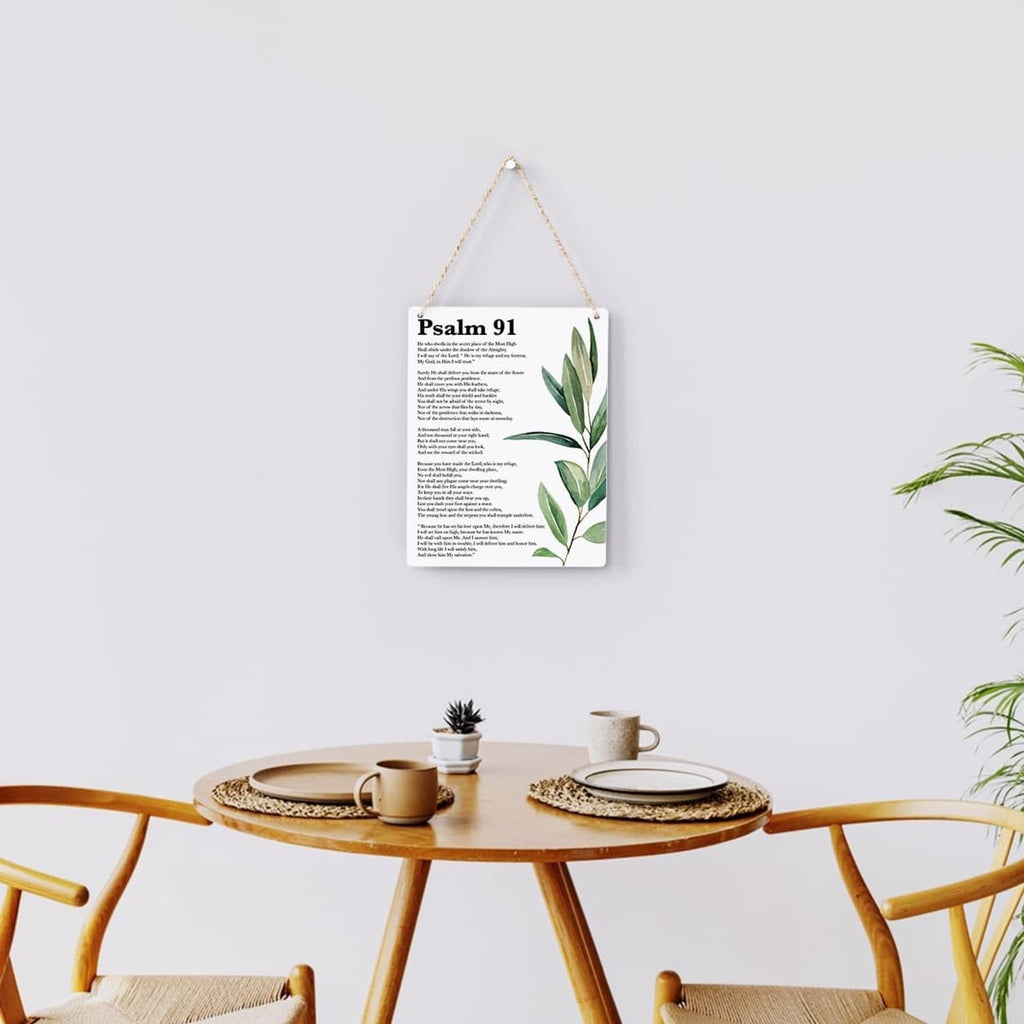 Psalm 91 scripture wall art hanging card with green leaf illustration and rope