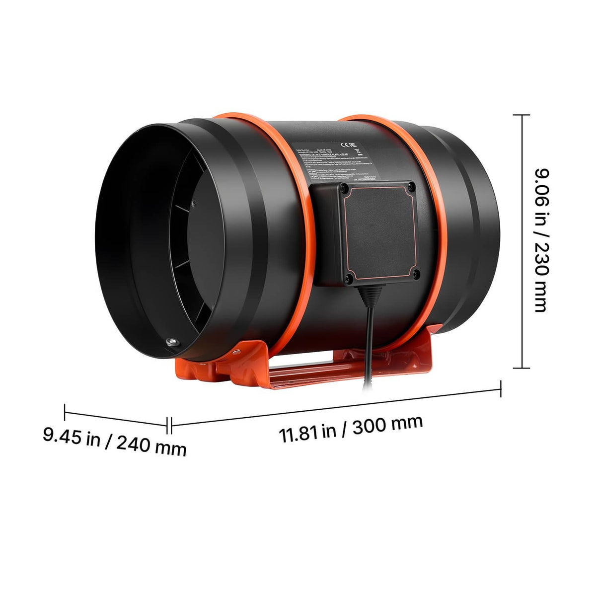 8-inch inline duct fan side size diagram with black housing and orange accent ring