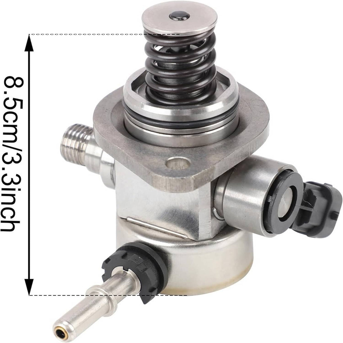 High pressure fuel pump with spring, side connector, and threaded inlet/outlet ports