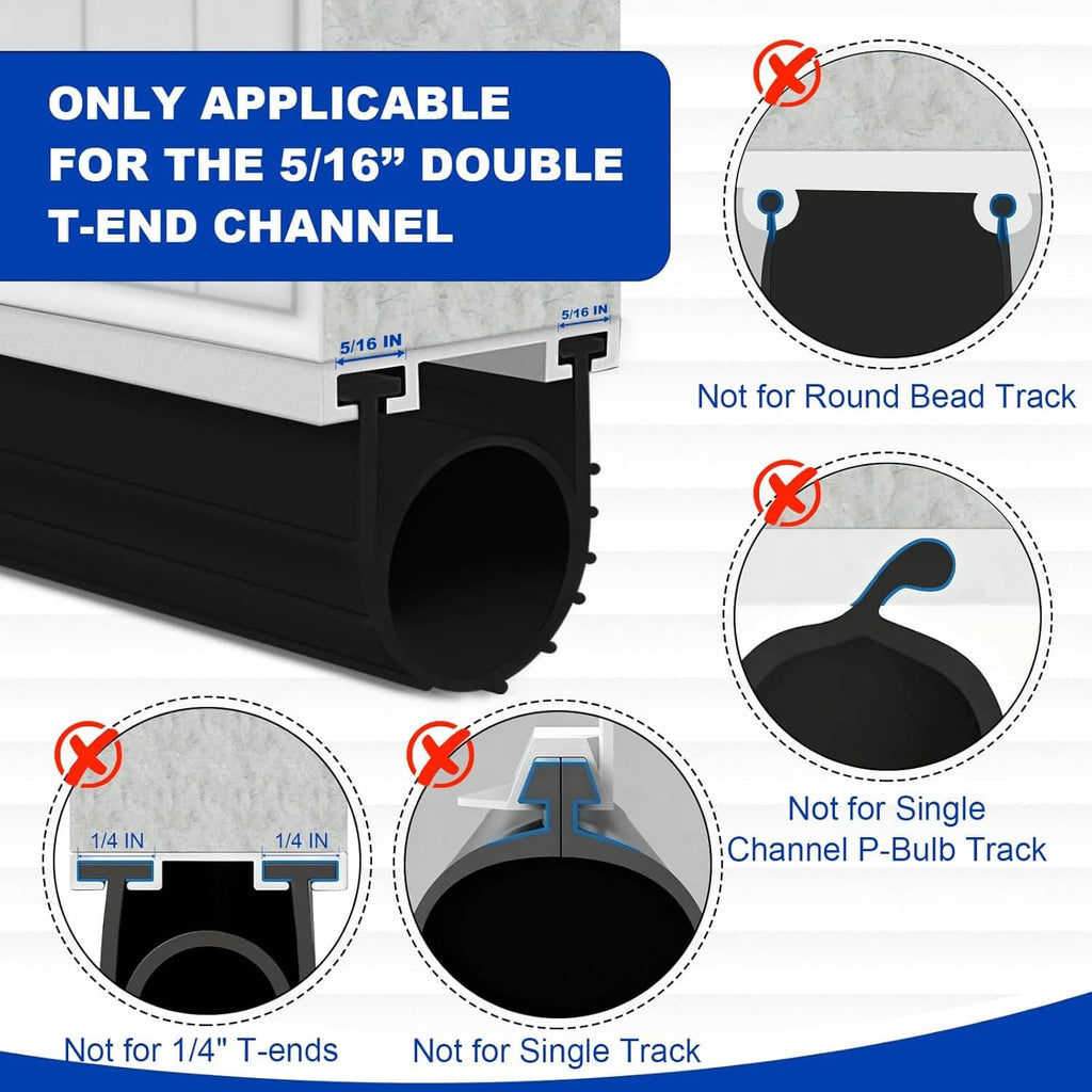 Black garage door bottom seal strip with double T-end channel and round bulb