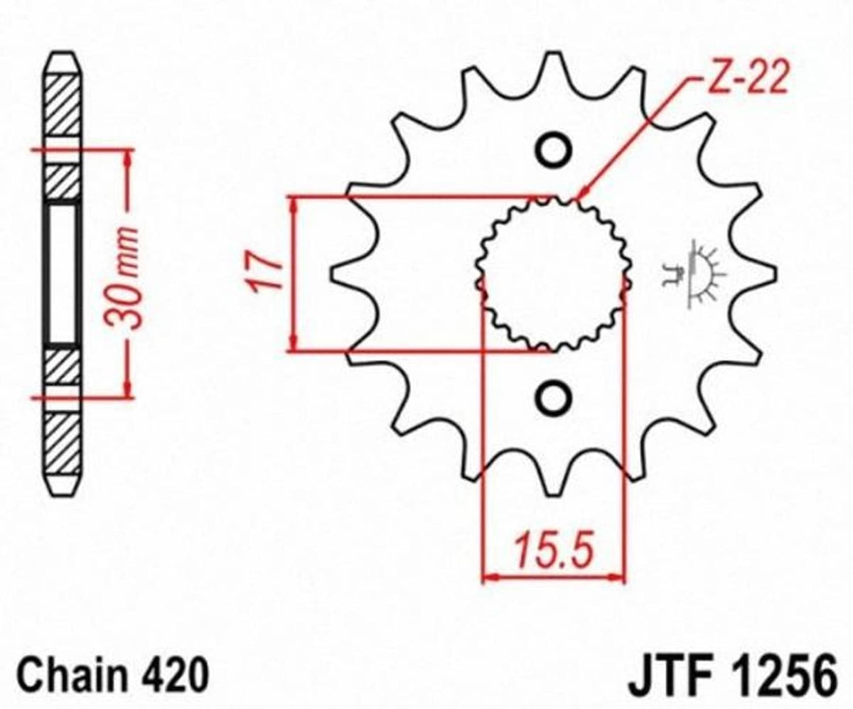 14-tooth front sprocket dimension diagram showing measurements and hole layout
